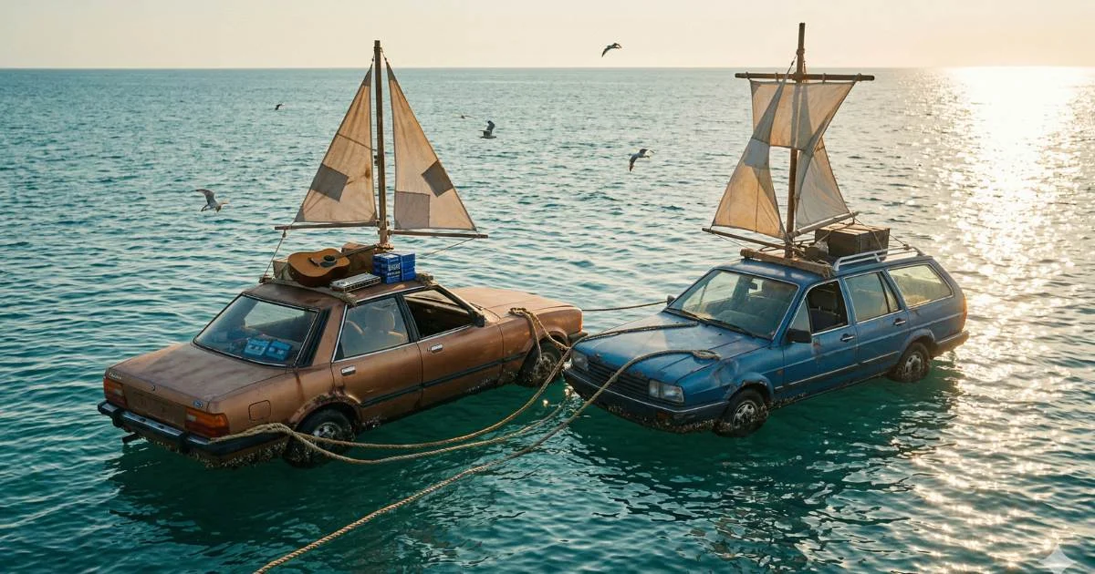 Cruzaron el océano en dos autos atados con sogas: la historia más loca que vas a leer hoy