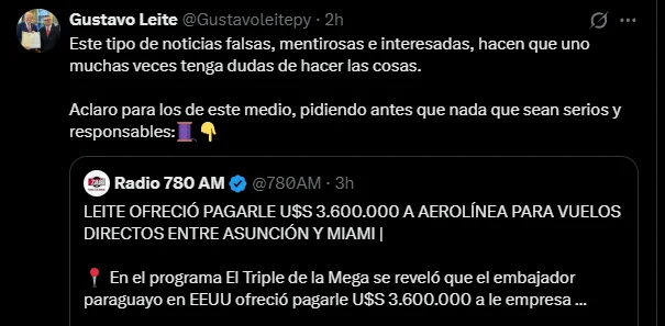 Vuelo directo a Miami: el embajador Gustavo Leite explica qué pasó realmente y algunos medios poco serios lo tergiversan.